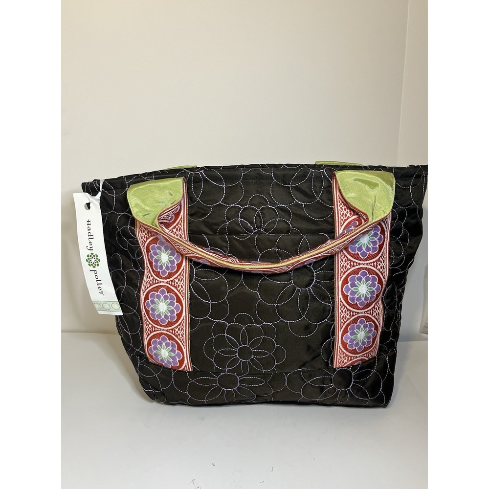HADLEY POLLET Quilted Embroidered Tote Brown With Floral Woven Ribbons. NWT